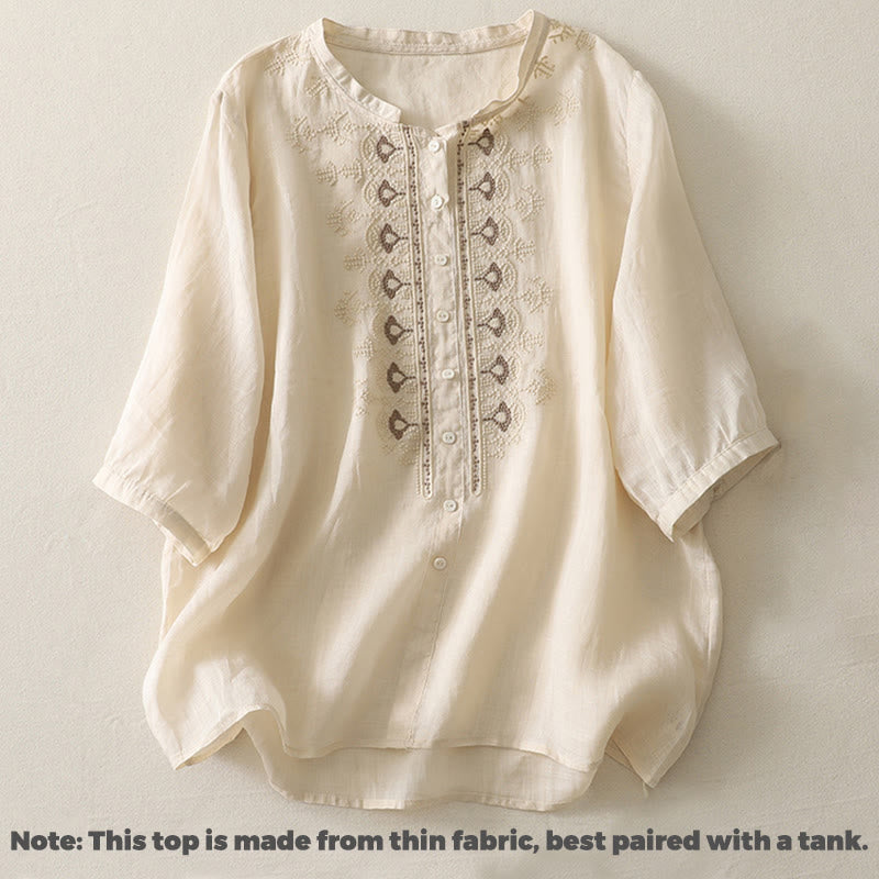 Buddha Stones Symmetrical Embroidery Cotton Linen Women's Half Sleeves Shirt