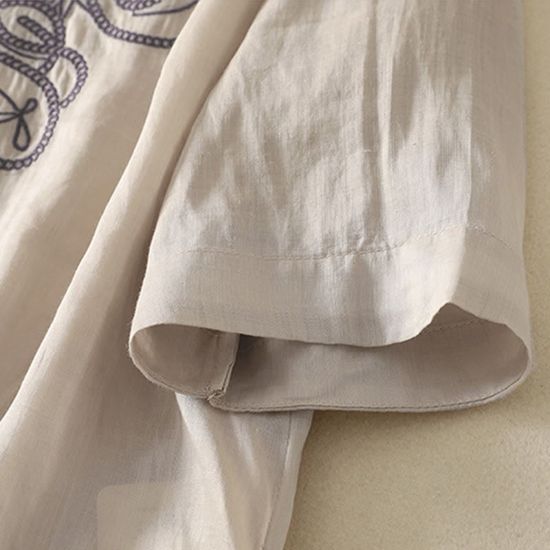 Buddha Stones Embroidered V-neck Casual Women's Cotton Linen Half Sleeve T-shirt