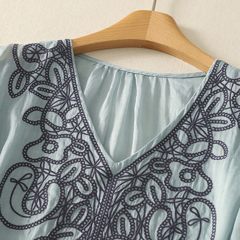 Buddha Stones Embroidered V-neck Casual Women's Cotton Linen Half Sleeve T-shirt