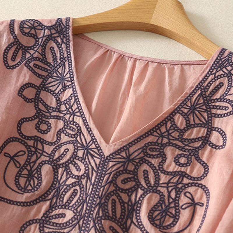 Buddha Stones Embroidered V-neck Casual Women's Cotton Linen Half Sleeve T-shirt