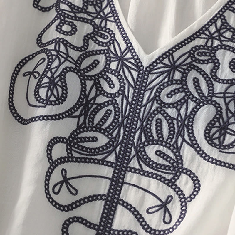 Buddha Stones Embroidered V-neck Casual Women's Cotton Linen Half Sleeve T-shirt