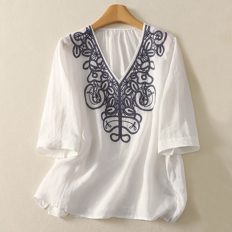Buddha Stones Embroidered V-neck Casual Women's Cotton Linen Half Sleeve T-shirt