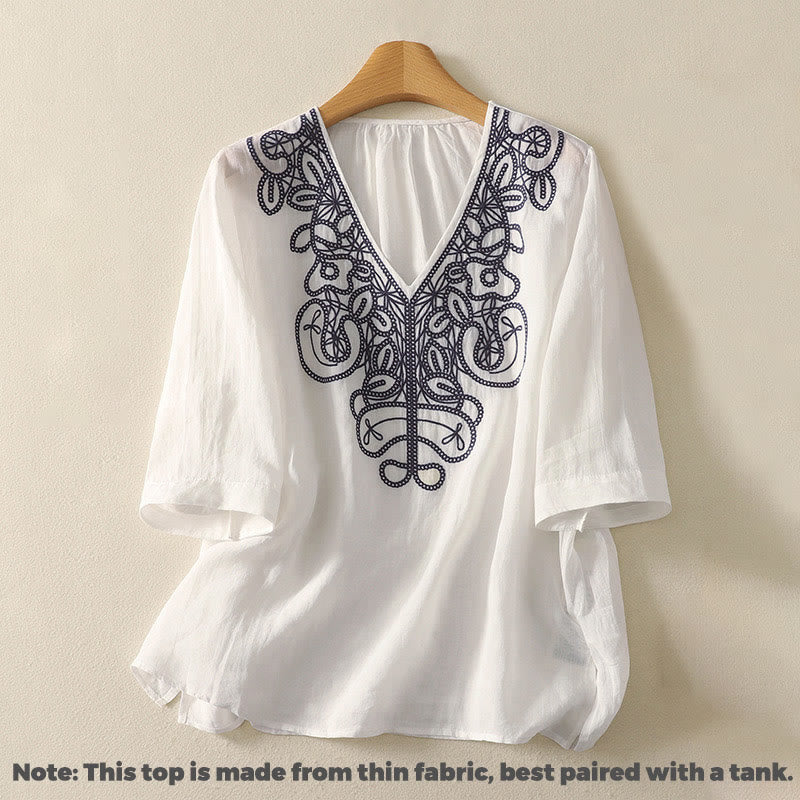 Buddha Stones Embroidered V-neck Casual Women's Cotton Linen Half Sleeve T-shirt