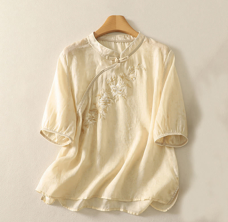 Buddha Stones Embroidery Frog-Button Mandarin Collar Cotton Women's Half Sleeves Shirt