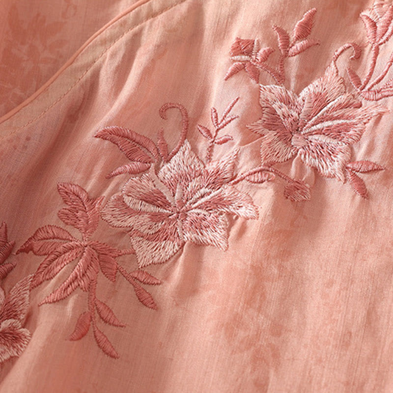 Buddha Stones Embroidery Frog-Button Mandarin Collar Cotton Women's Half Sleeves Shirt