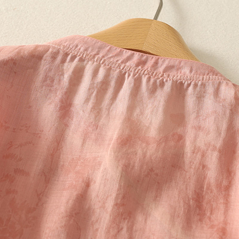 Buddha Stones Embroidery Frog-Button Mandarin Collar Cotton Women's Half Sleeves Shirt