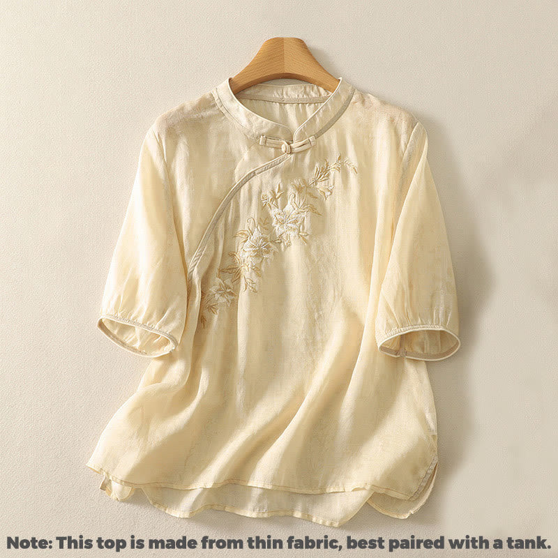 Buddha Stones Embroidery Frog-Button Mandarin Collar Cotton Women's Half Sleeves Shirt