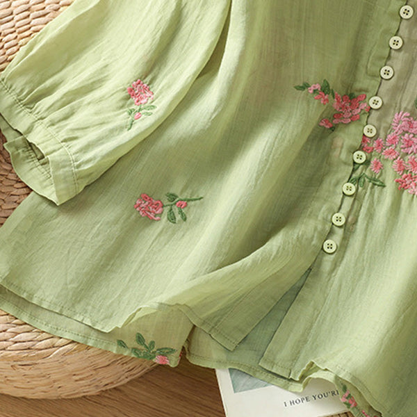 Buddha Stones V-neck Embroidered Flowers Cotton Women's Shirt