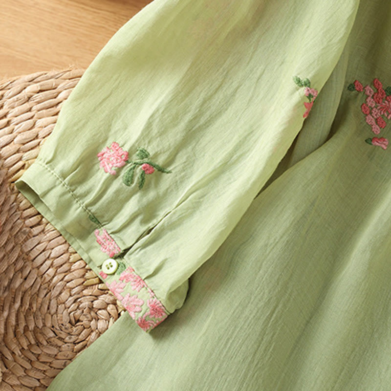 Buddha Stones V-neck Embroidered Flowers Cotton Women's Shirt