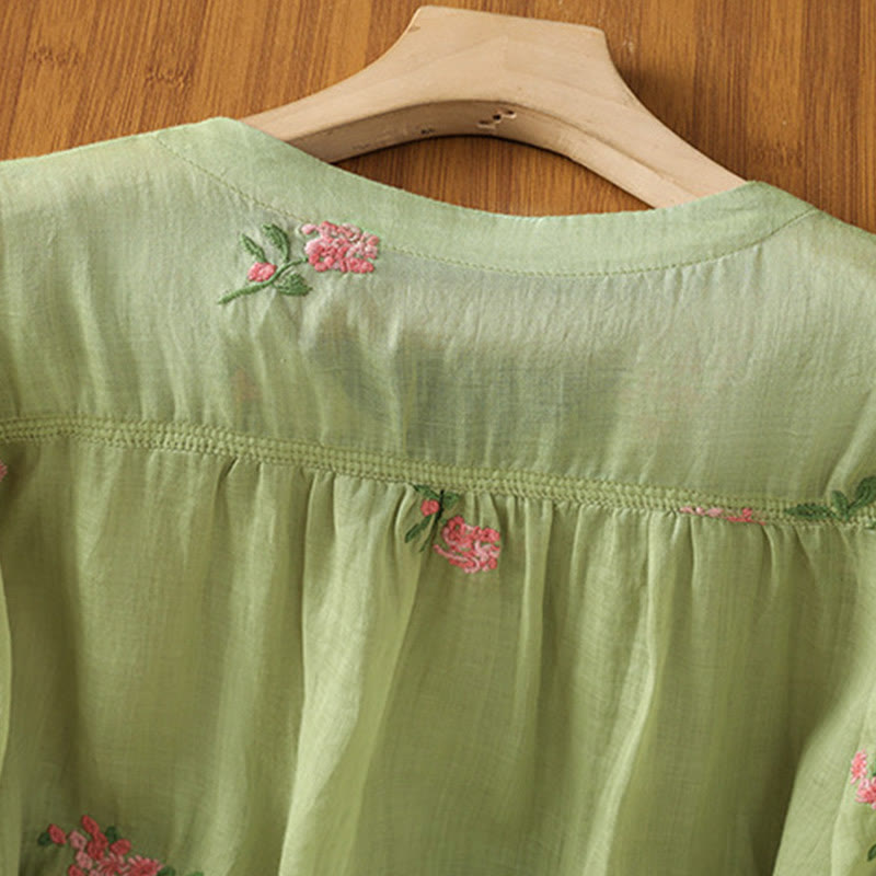 Buddha Stones V-neck Embroidered Flowers Cotton Women's Shirt