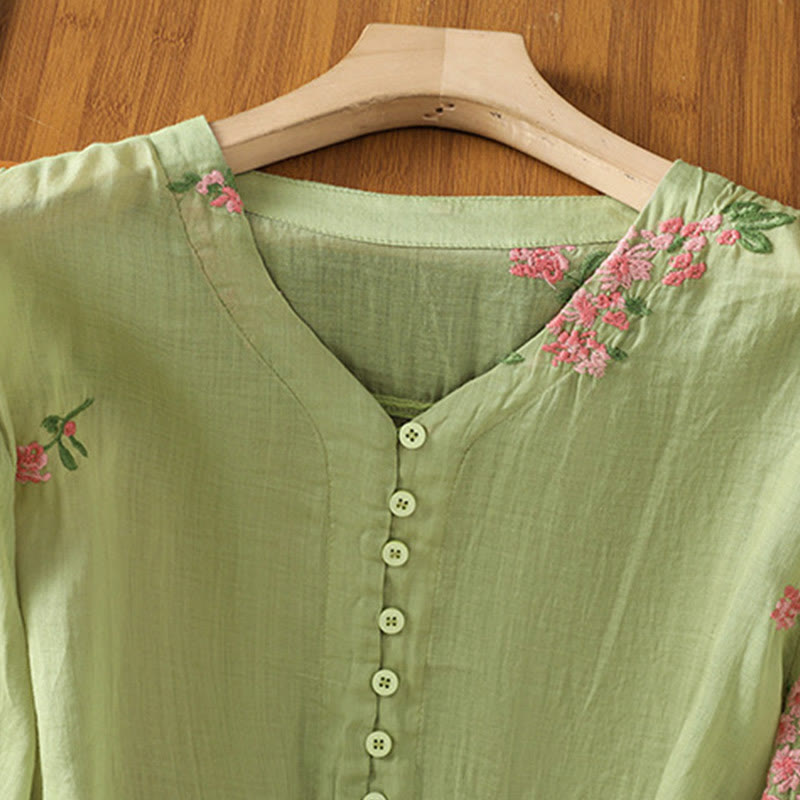 Buddha Stones V-neck Embroidered Flowers Cotton Women's Shirt