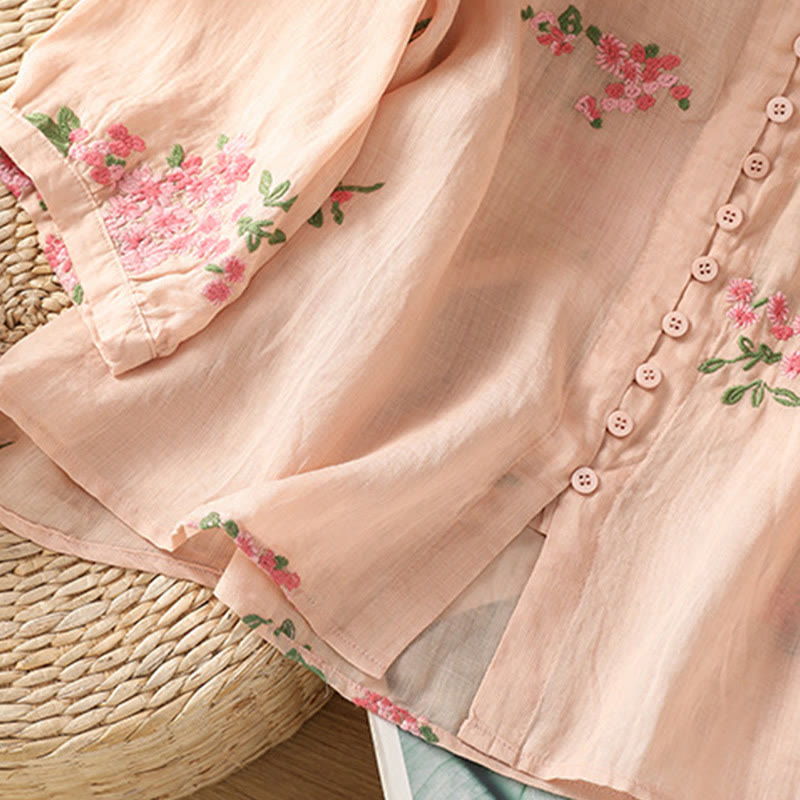 Buddha Stones V-neck Embroidered Flowers Cotton Women's Shirt