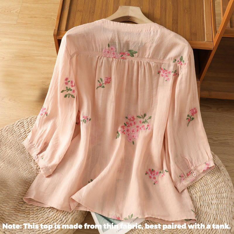 Buddha Stones V-neck Embroidered Flowers Cotton Women's Shirt