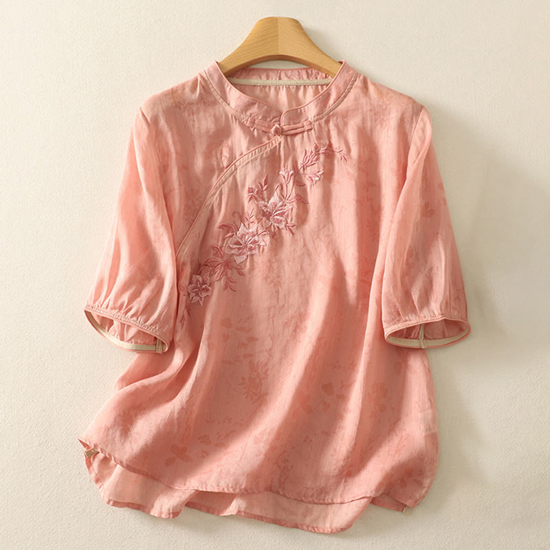 Buddha Stones Embroidery Frog-Button Mandarin Collar Cotton Women's Half Sleeves Shirt