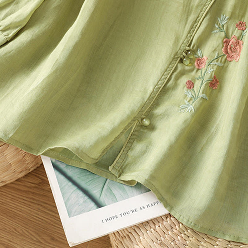 Buddha Stones Embroidered Flowers Cotton Women's V-neck Shirt