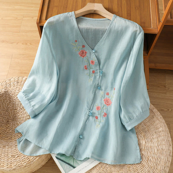 Buddha Stones Embroidered Flowers Cotton Women's V-neck Shirt