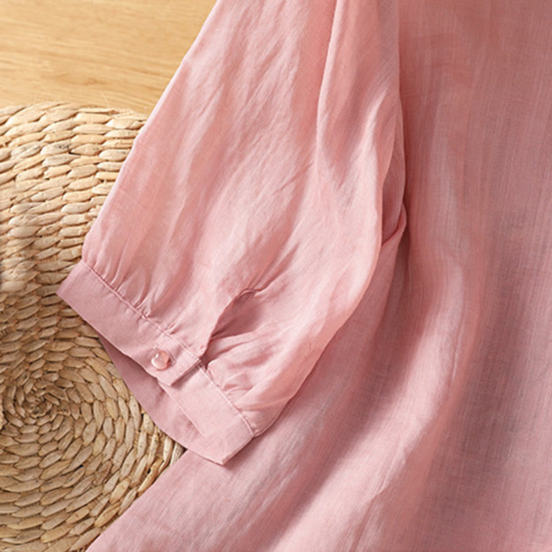 Buddha Stones Embroidered Flowers Cotton Women's V-neck Shirt