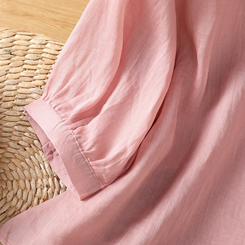 Buddha Stones Embroidered Flowers Cotton Women's V-neck Shirt