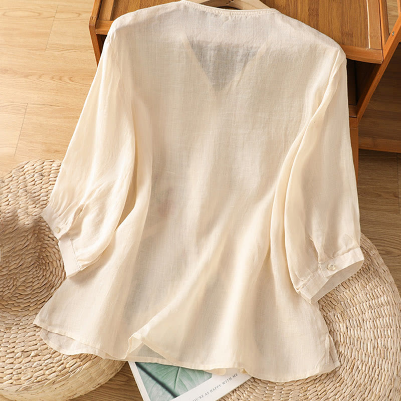 Buddha Stones Embroidered Flowers Cotton Women's V-neck Shirt