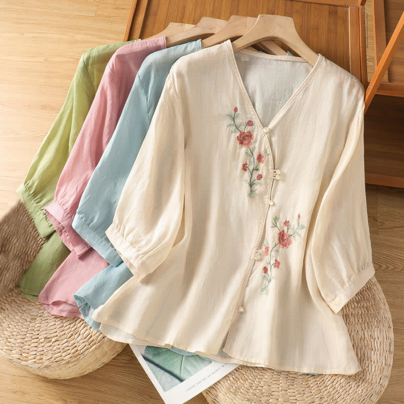 Buddha Stones Embroidered Flowers Cotton Women's V-neck Shirt