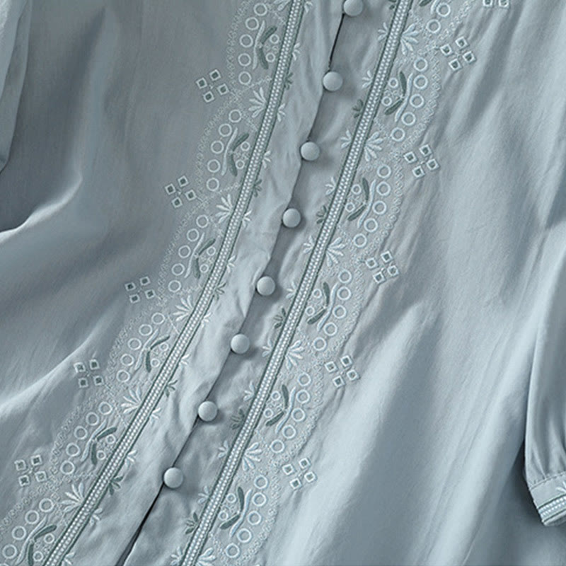 Buddha Stones Symmetrical Embroidery Cotton Women's V-neck Shirt