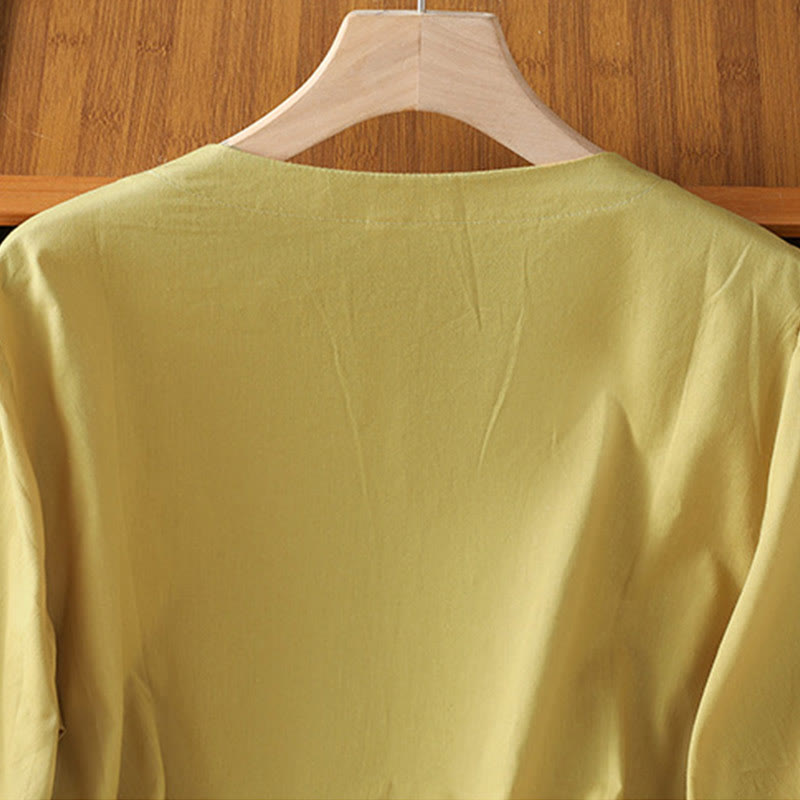 Buddha Stones Symmetrical Embroidery Cotton Women's V-neck Shirt