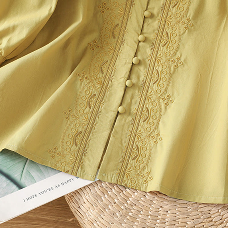 Buddha Stones Symmetrical Embroidery Cotton Women's V-neck Shirt