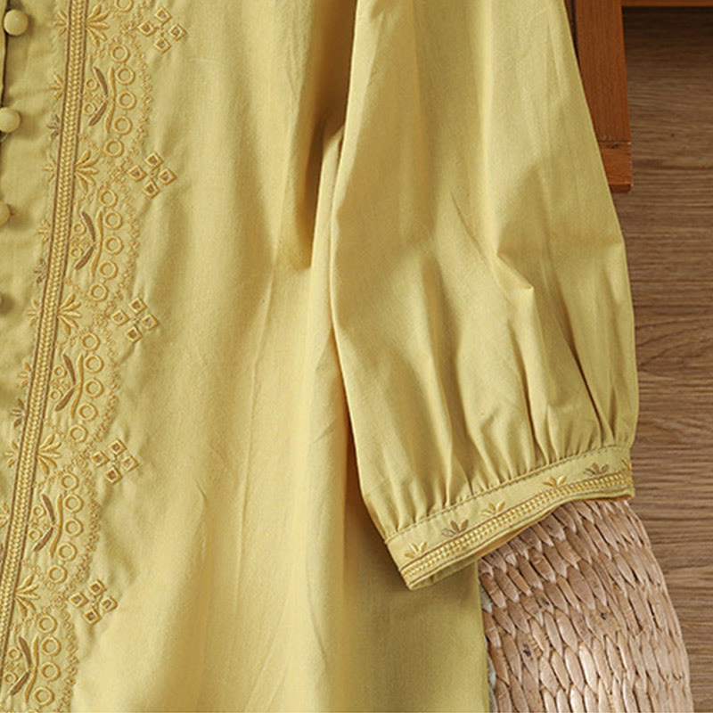 Buddha Stones Symmetrical Embroidery Cotton Women's V-neck Shirt