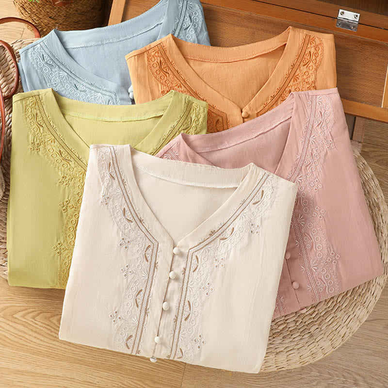 Buddha Stones Symmetrical Embroidery Cotton Women's V-neck Shirt