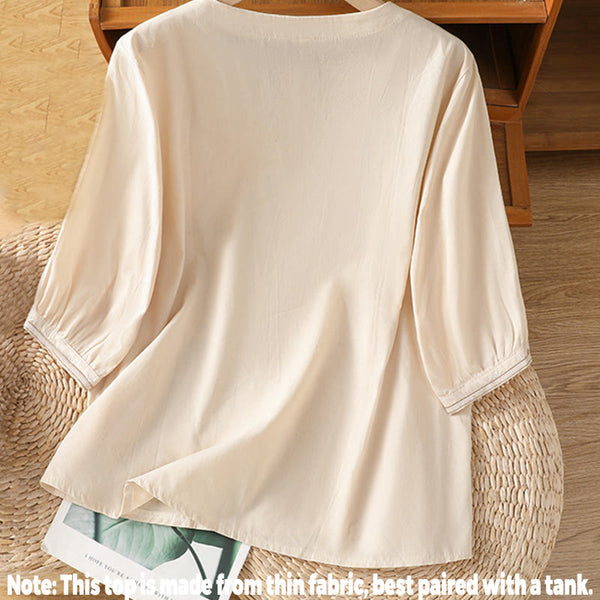 Buddha Stones Symmetrical Embroidery Cotton Women's V-neck Shirt