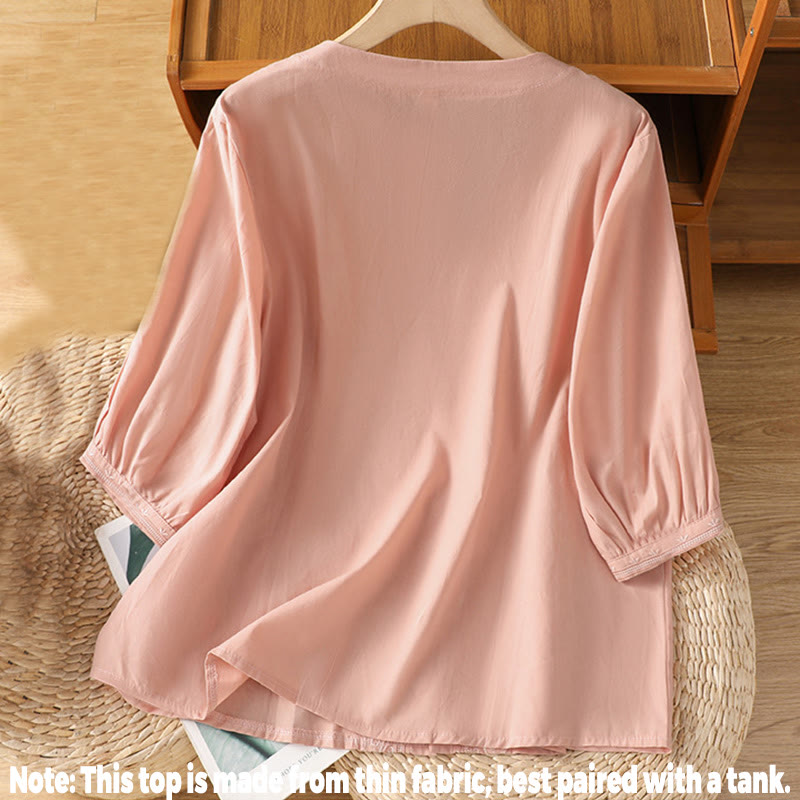 Buddha Stones Symmetrical Embroidery Cotton Women's V-neck Shirt