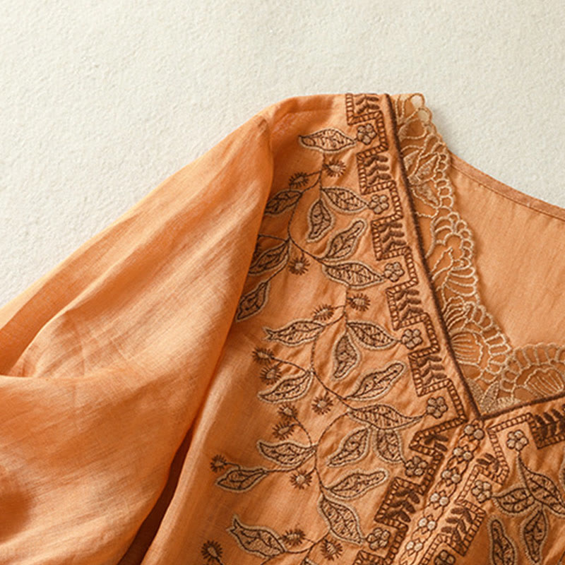 Buddha Stones Embroidered Lace Casual Women's Cotton Linen Half Sleeve T-shirt