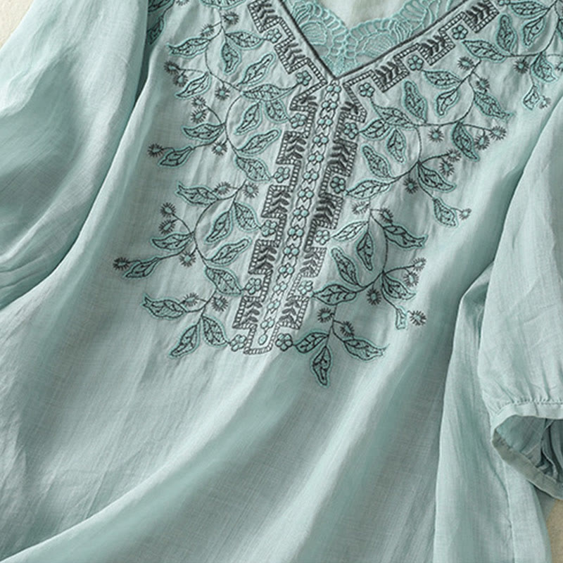 Buddha Stones Embroidered Lace Casual Women's Cotton Linen Half Sleeve T-shirt