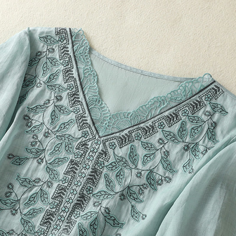 Buddha Stones Embroidered Lace Casual Women's Cotton Linen Half Sleeve T-shirt