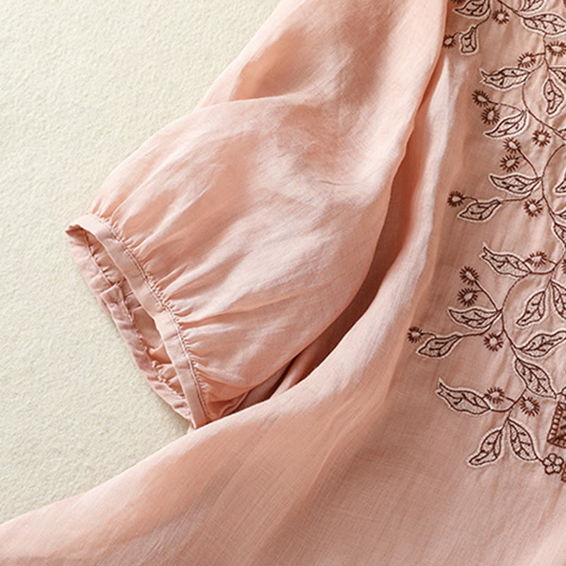 Buddha Stones Embroidered Lace Casual Women's Cotton Linen Half Sleeve T-shirt