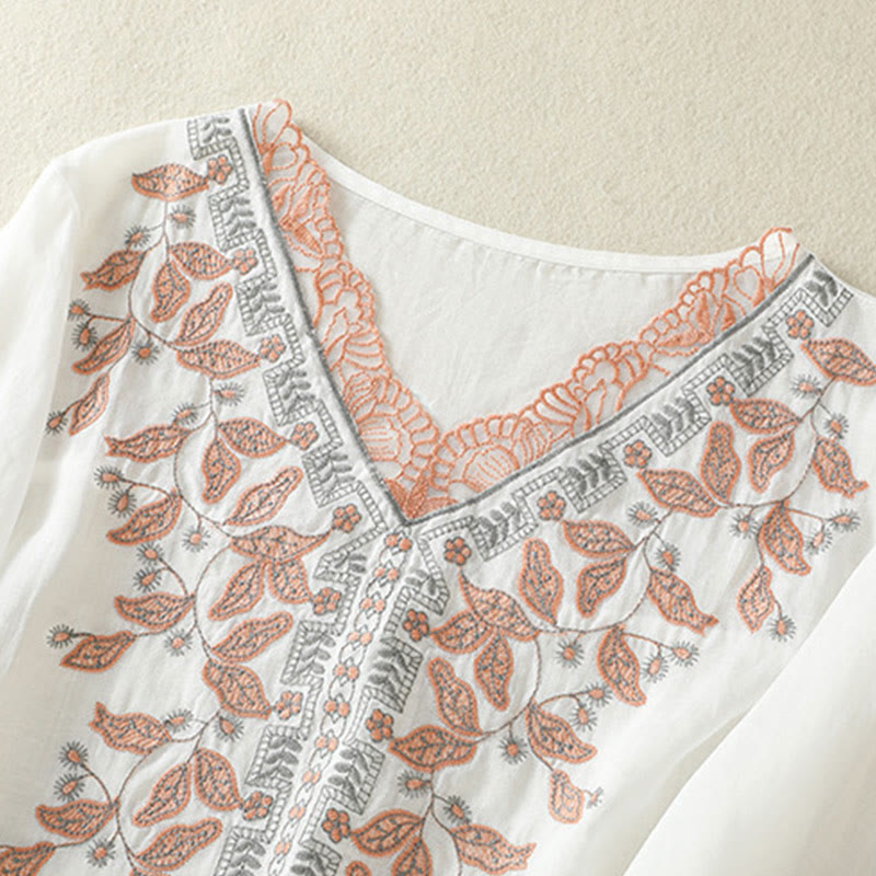 Buddha Stones Embroidered Lace Casual Women's Cotton Linen Half Sleeve T-shirt