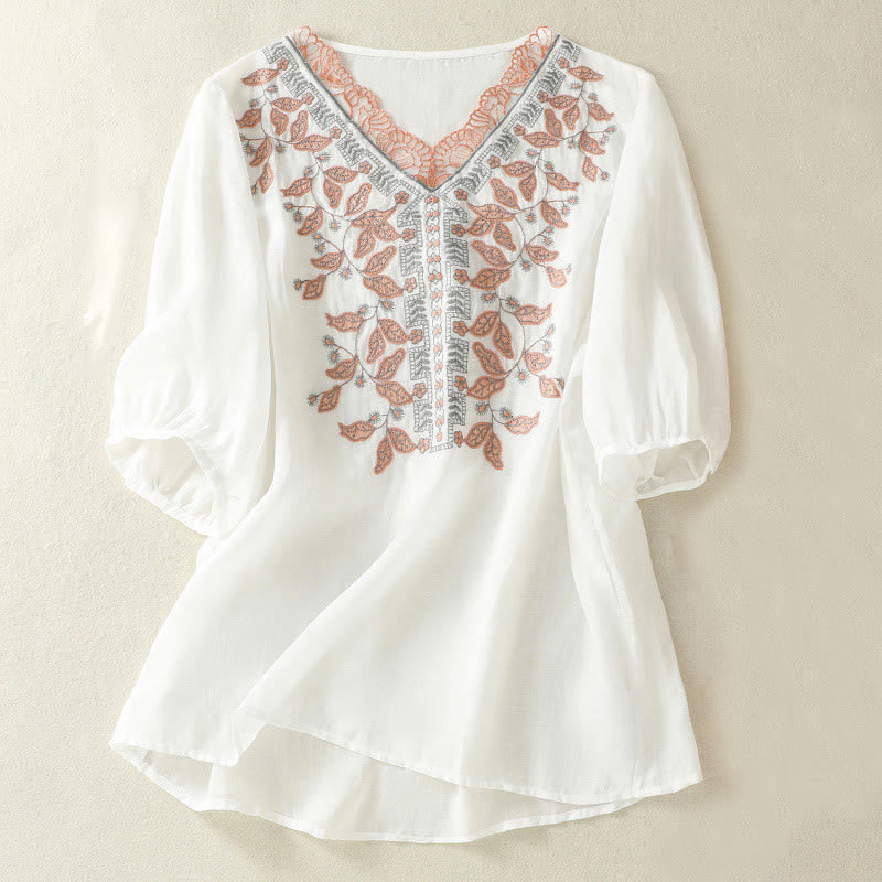 Buddha Stones Embroidered Lace Casual Women's Cotton Linen Half Sleeve T-shirt