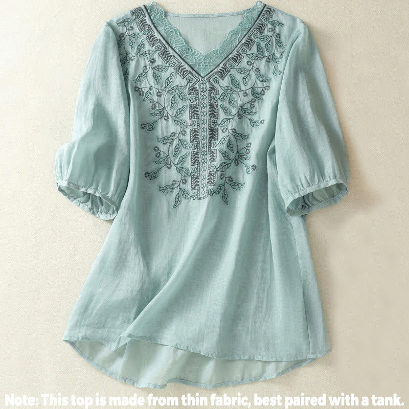 Buddha Stones Embroidered Lace Casual Women's Cotton Linen Half Sleeve T-shirt