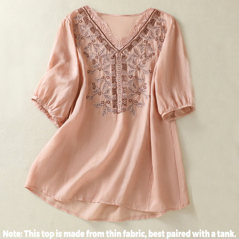 Buddha Stones Embroidered Lace Casual Women's Cotton Linen Half Sleeve T-shirt