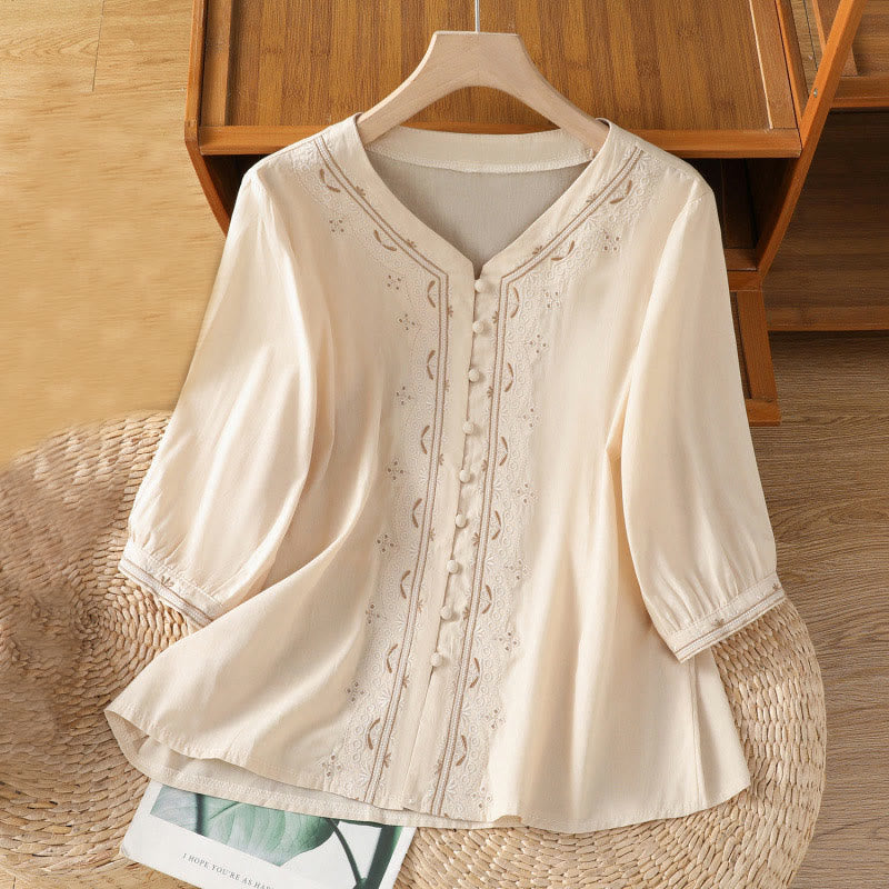 Buddha Stones Symmetrical Embroidery Cotton Women's V-neck Shirt