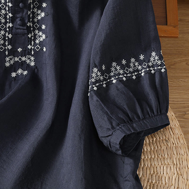 Buddha Stones Symmetrical Embroidery Cotton Women's Crew Neck Shirt