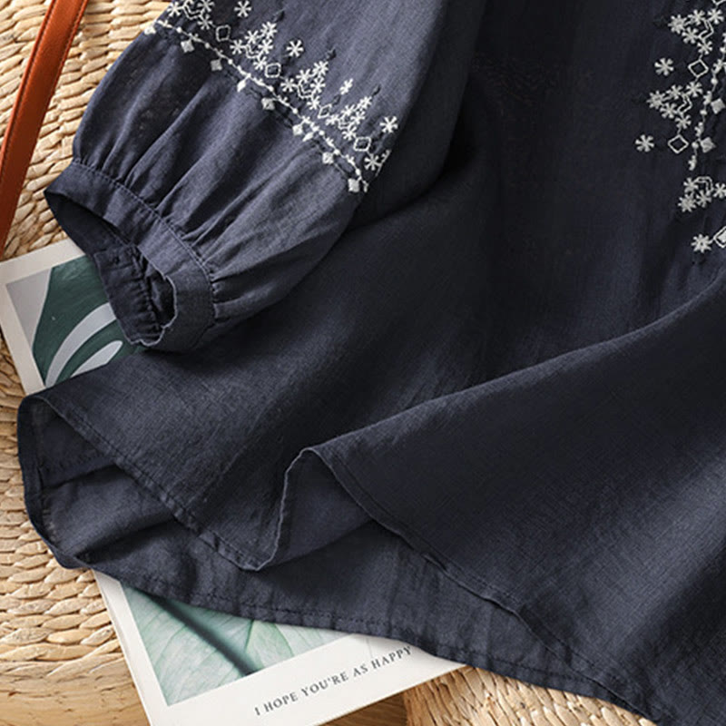 Buddha Stones Symmetrical Embroidery Cotton Women's Crew Neck Shirt