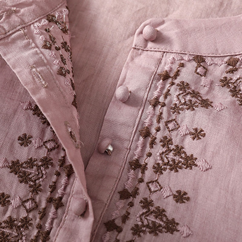 Buddha Stones Symmetrical Embroidery Cotton Women's Crew Neck Shirt