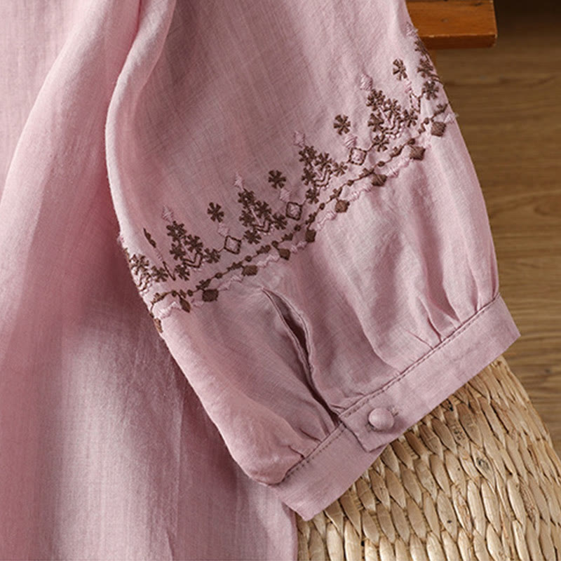 Buddha Stones Symmetrical Embroidery Cotton Women's Crew Neck Shirt