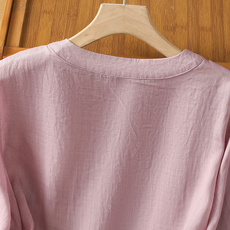 Buddha Stones Symmetrical Embroidery Cotton Women's Crew Neck Shirt