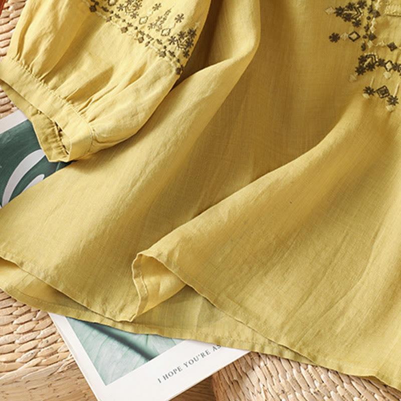 Buddha Stones Symmetrical Embroidery Cotton Women's Crew Neck Shirt