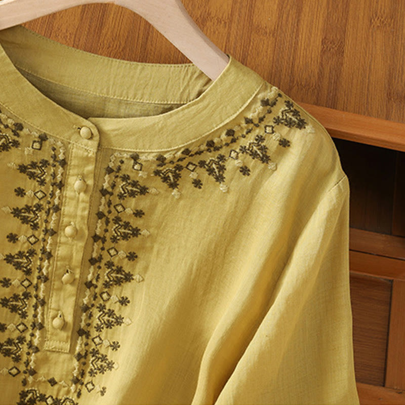 Buddha Stones Symmetrical Embroidery Cotton Women's Crew Neck Shirt