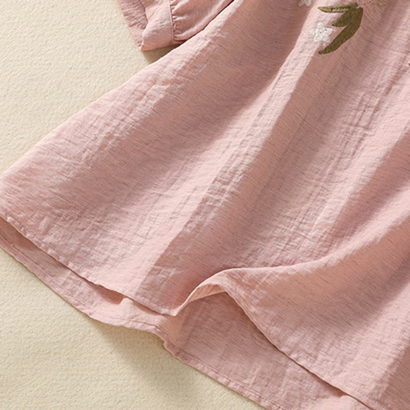 Buddha Stones Embroidery Flowers Leaves Cotton Women's V-neck Shirt