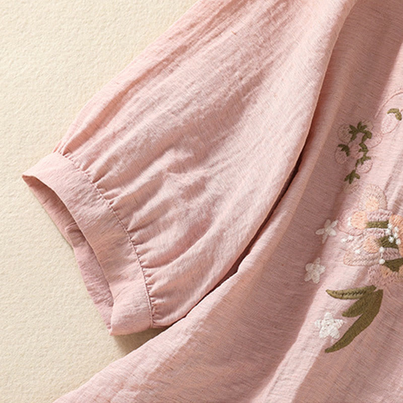 Buddha Stones Embroidery Flowers Leaves Cotton Women's V-neck Shirt