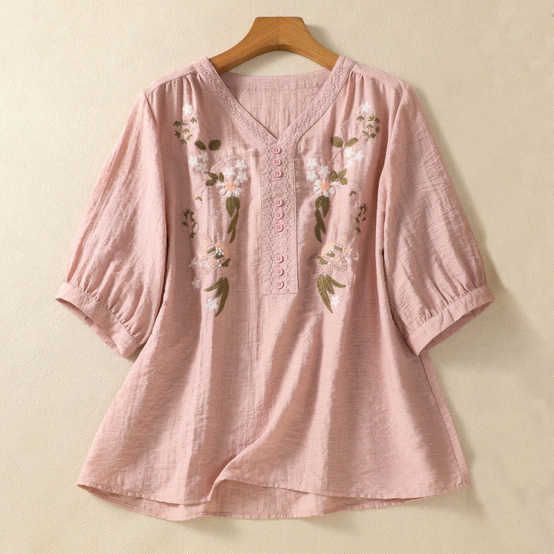 Buddha Stones Embroidery Flowers Leaves Cotton Women's V-neck Shirt
